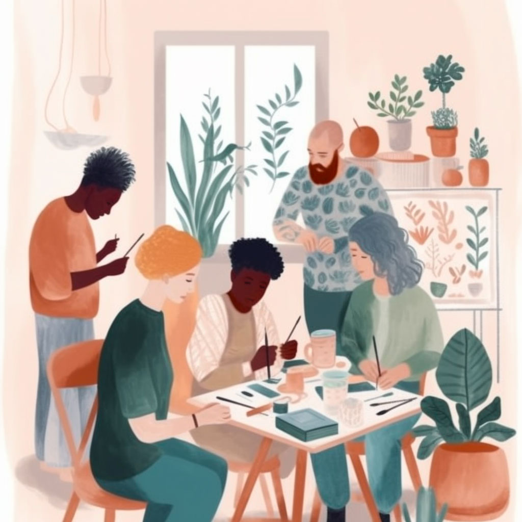 Group of people working on art project around table